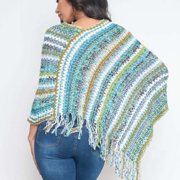 BLUE MULTI COLOR KNIT PONCHO FALL SEASON STRIPED S - Picture 4 of 4